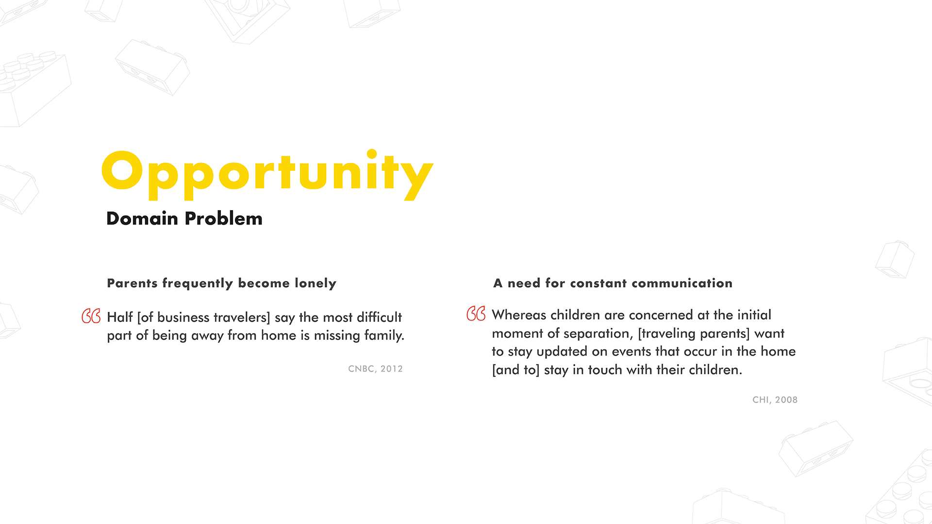 Presentation slide explaining the domain problem for parents working away from home.