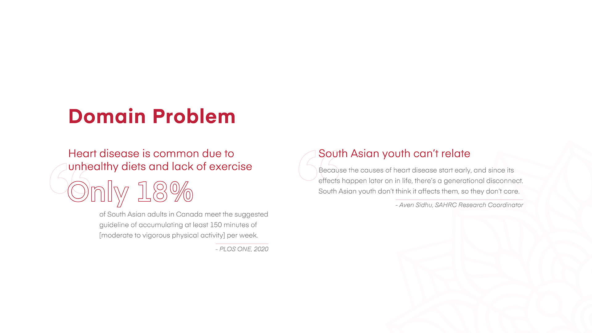Presentation slide explaining the problems related to heart disease for the South Asian community.